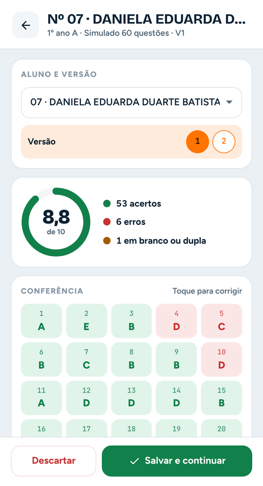 Resultado da correção com a nota por disciplina